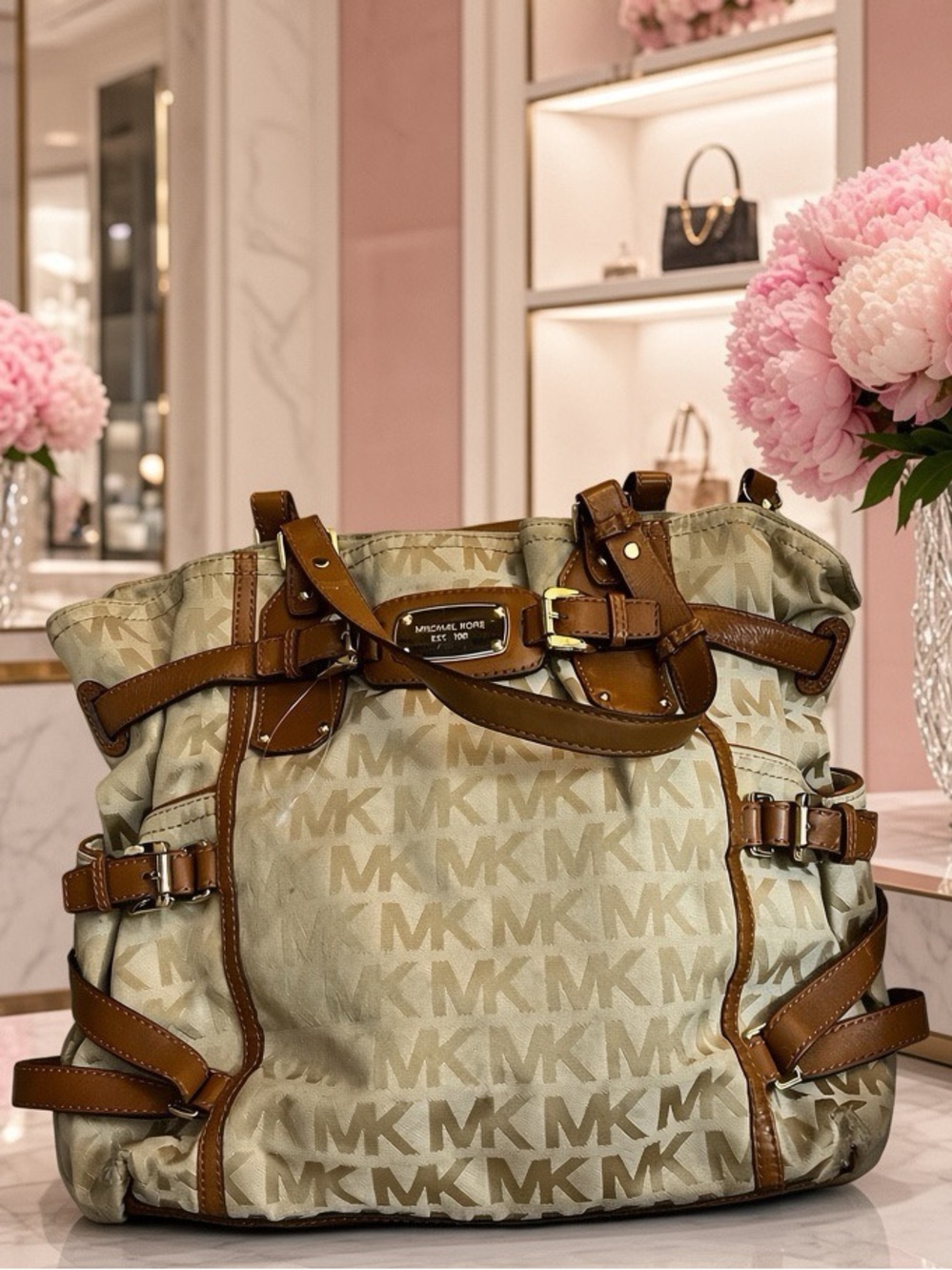 Michael Kors Beige MK Monogram Shoulder Bag with Brown Leather Trim